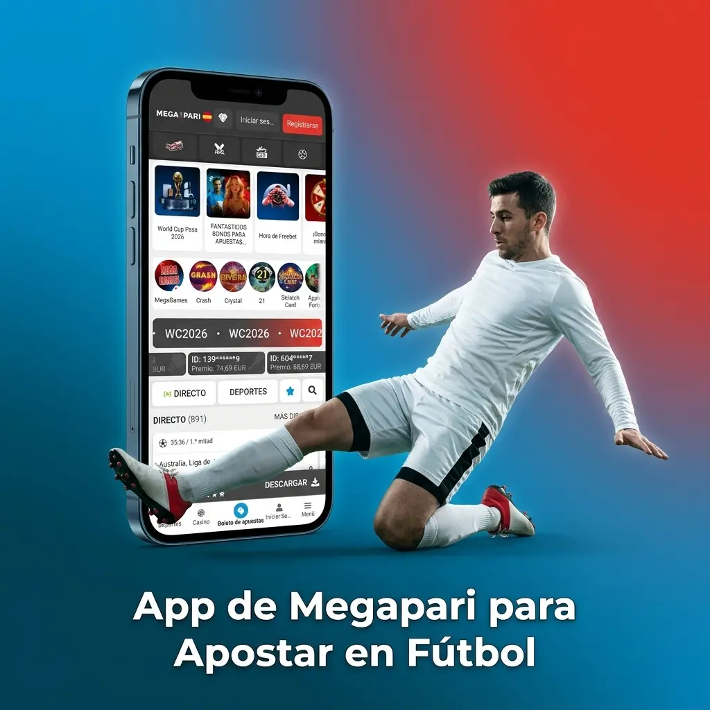 Aplicación de Megapari para apostar en fútbol en Android e iOS con cuotas en vivo y soporte en español.