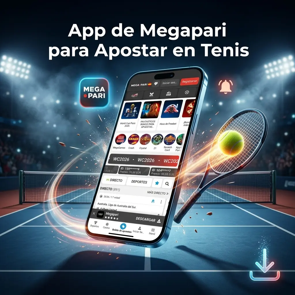 App de Megapari para apostar en tenis en Android e iOS, con cuotas en vivo, cash out y gestión de cuenta.
