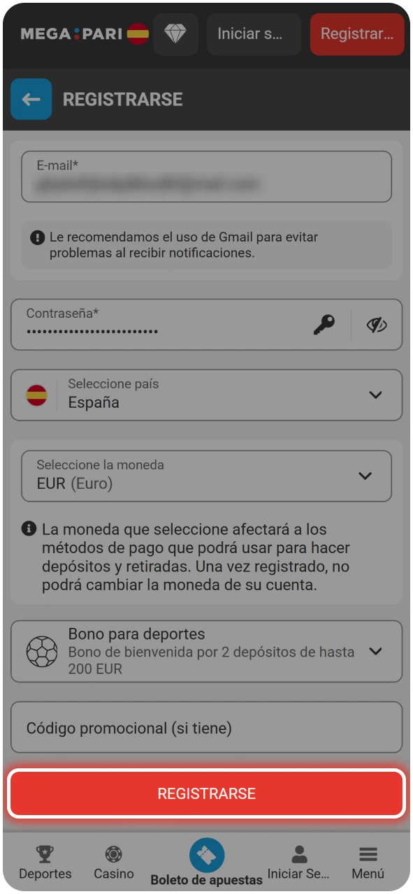 Formulario de registro para jugar Aviatrix Fruits en el casino MegaPari.