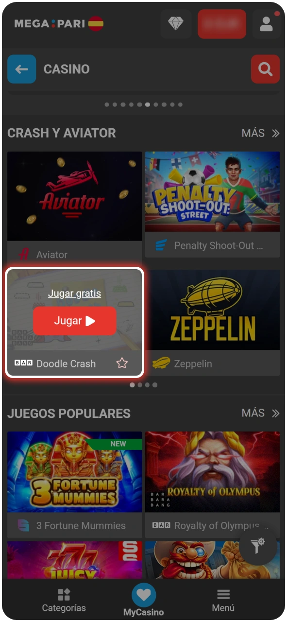 Guía para acceder al juego Doodle Crash en MegaPari.