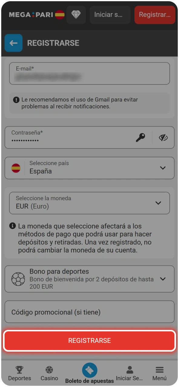 Pasos para crear una cuenta de Fortune Gems 500 en MegaPari.