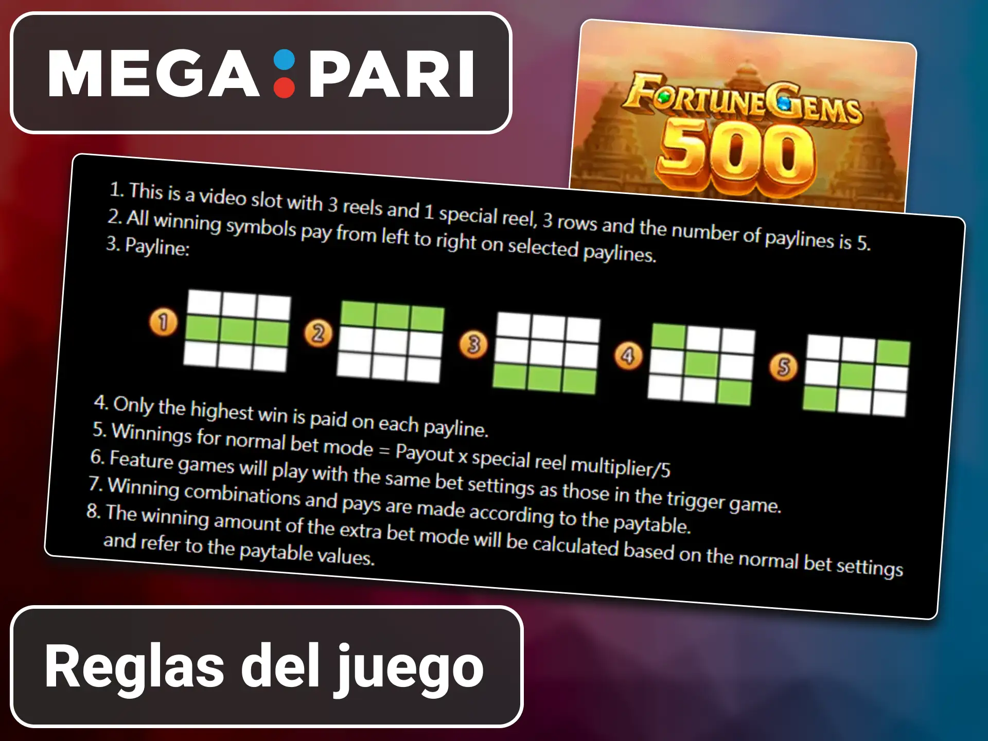 Explicación de las reglas del juego Fortune Gems 500 en MegaPari.