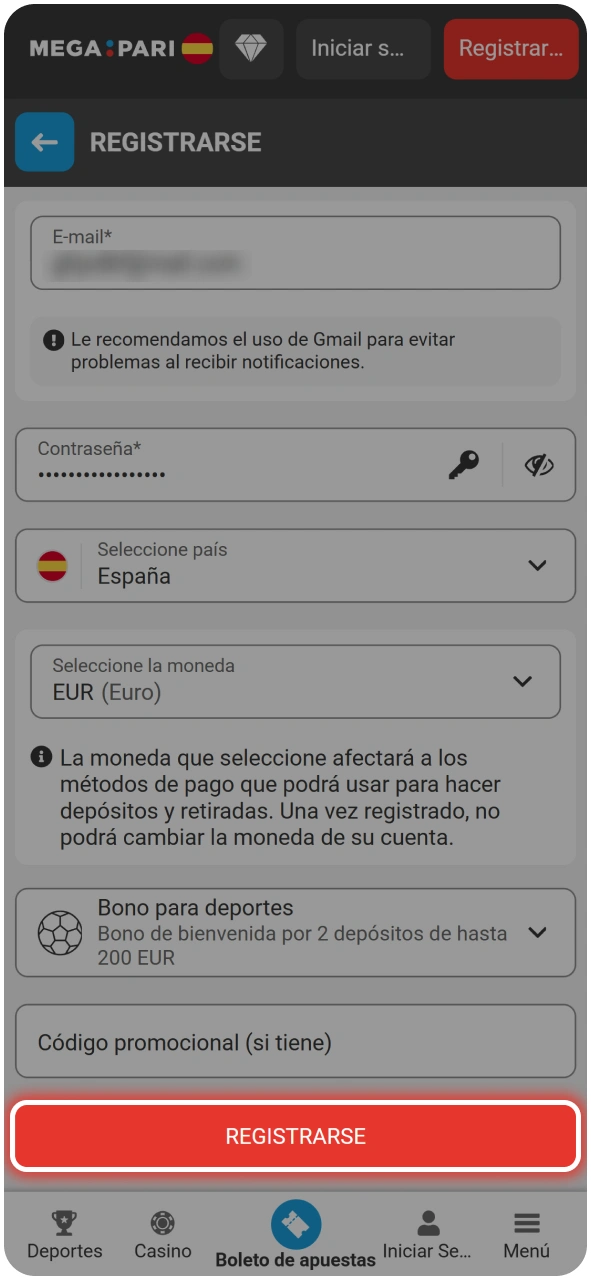 Formulario de registro para jugar Pinky Plinko dentro de la plataforma MegaPari.