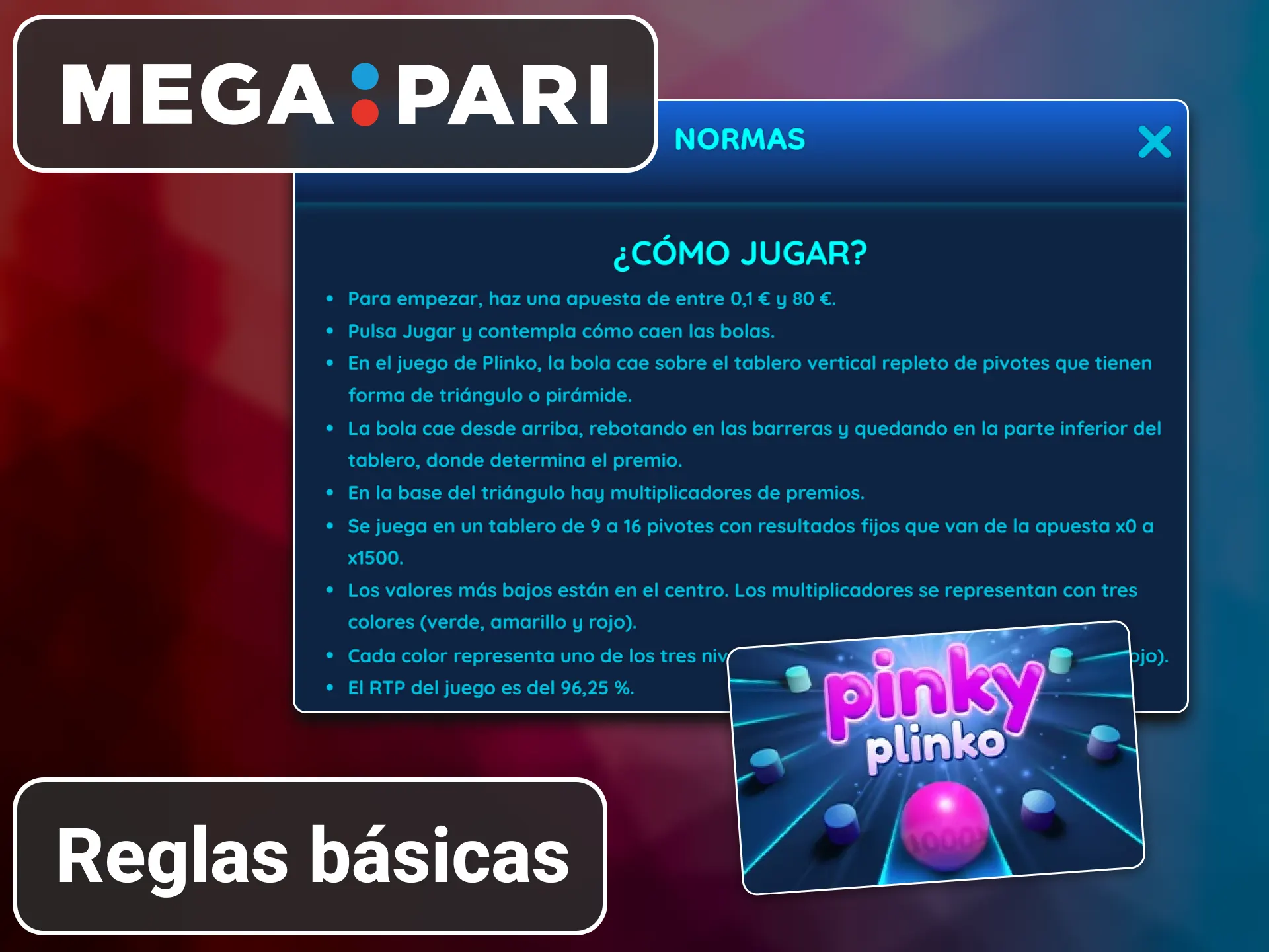 Infografía con las normas básicas para jugar Pinky Plinko en MegaPari.