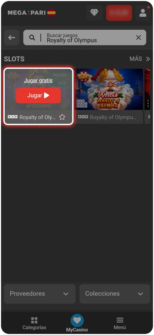 Instrucciones para abrir la tragamonedas Realeza del Olimpo en MegaPari.