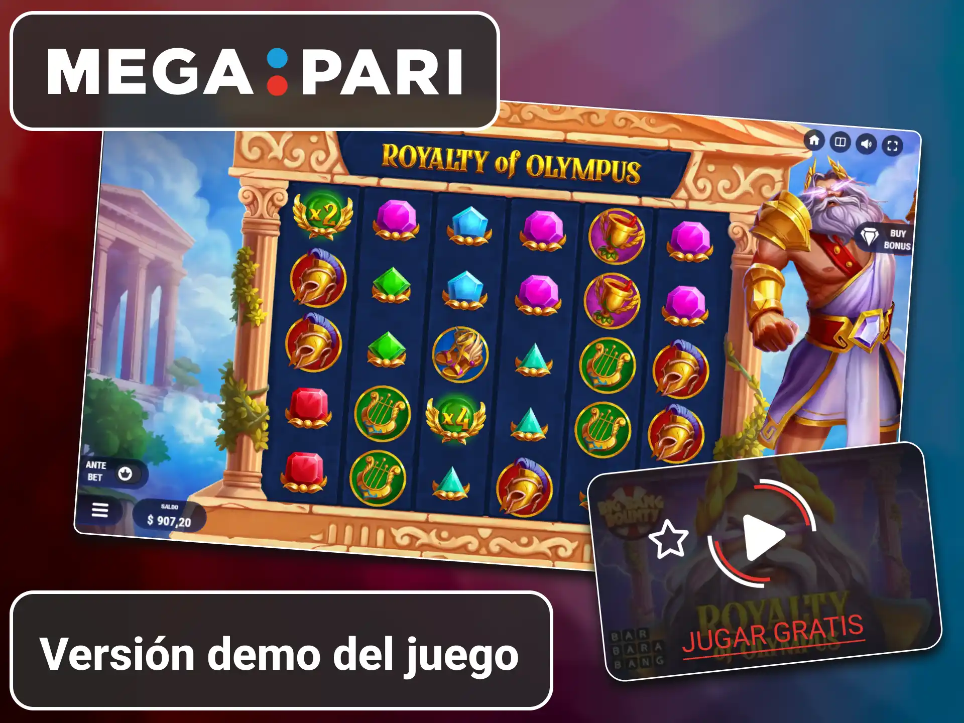 Modo demostración sin costo de Realeza del Olimpo en el casino MegaPari.