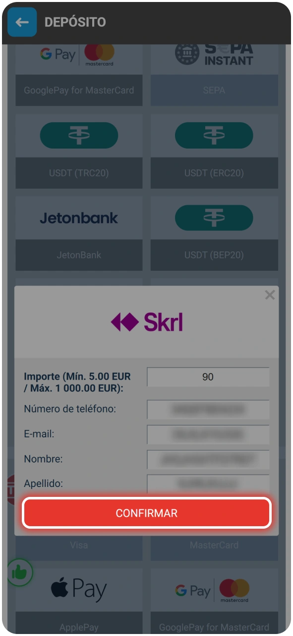 Depósito de fondos para Salto de la Suerte en MegaPari.